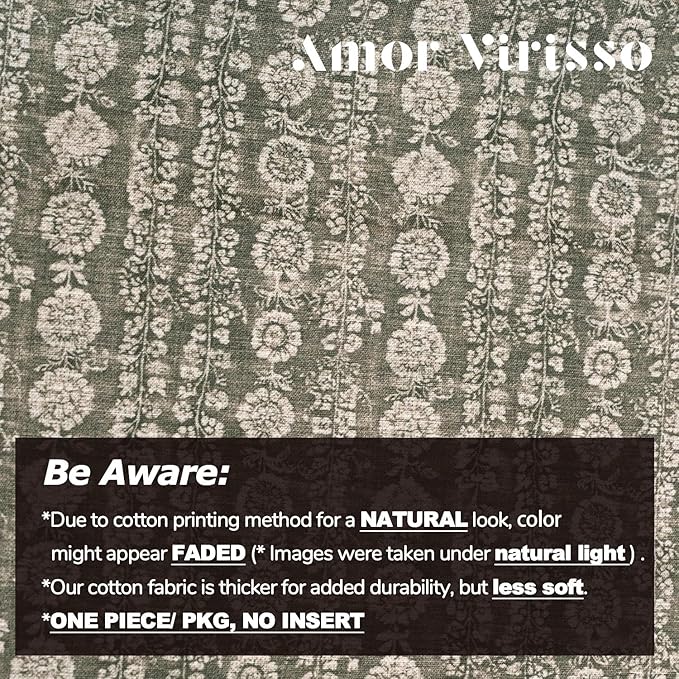 Amor Virisso Vintage Floral Throw Pillow Covers 24x24 Striped Farmhouse Block Print Pillow Cover Boho Neutral Decorative Pillows for Living Room Bed, Dusty Green