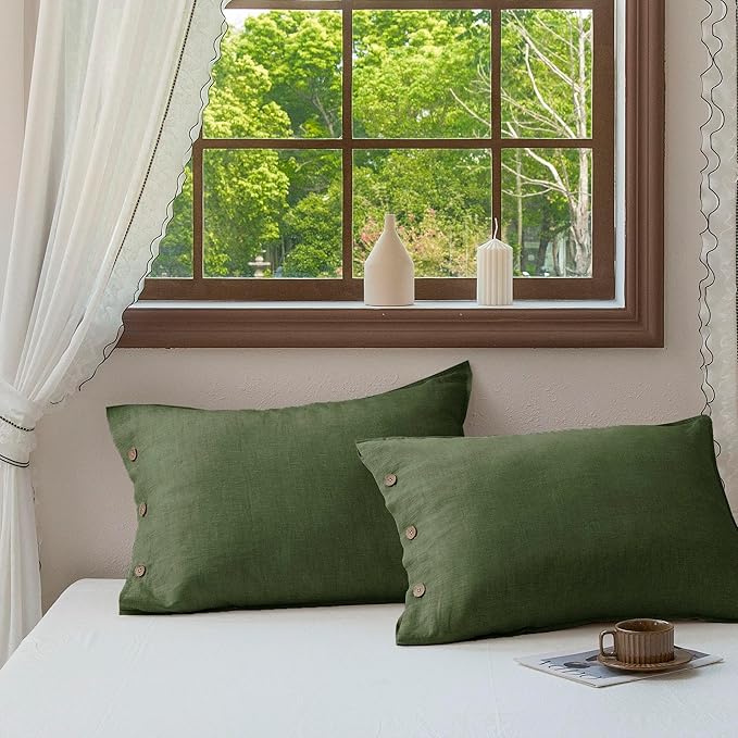 EVERLY 100% Linen Pillowcases Set of 2, French Linen from Normandy, 20X30Inch Standard Size, Natural Color, Coconut Buttons Closure, Flax Pillowshams-Pillowcase-Mossy Green