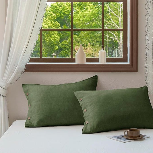EVERLY 100% Linen Pillowcases Set of 2, French Linen from Normandy, 20X30Inch Standard Size, Natural Color, Coconut Buttons Closure, Flax Pillowshams-Pillowcase-Mossy Green