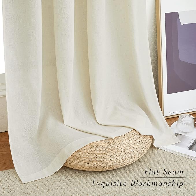 NICETOWN Privacy Off White Linen Blend Curtains Extra Long 108" Long, Rustic Rod Pocket & Back Tab Elegant Boho-Chic Flax Semi Sheer Panels for Farmhouse/Bedroom, W55 x L108, 2 Panels