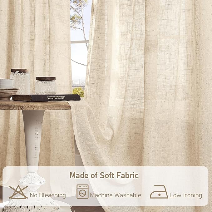 LAMIT Semi Sheer Linen Curtains 36 Inch Length 2 Panels, Light Filtering Panels Back Tab and Rod Pocket Neutral Drapes for Cafe/Kitchen/Loft Room, Linen, 25 x 36 Inch
