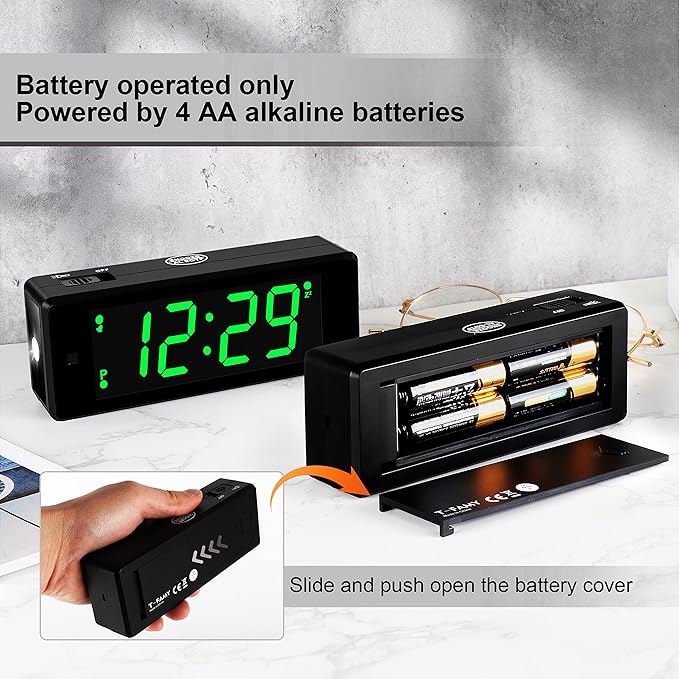 Digital Alarm Clock Battery Operated with Hybrid LED/LCD Time Display, Night Visiable, Emergency Flashlight, Small Travel Clock for Bedroom Bedside (Green Display)