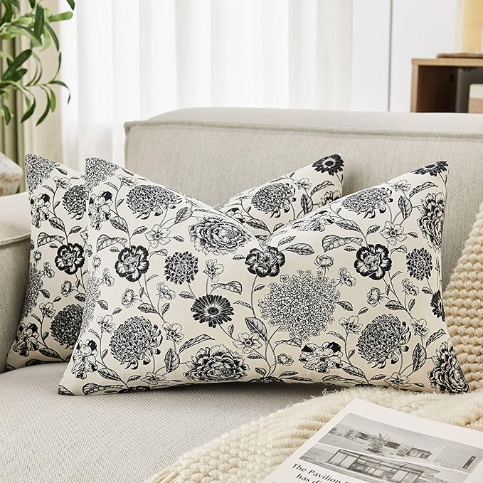 100% Cotton Botanical Lumbar Throw Pillow Covers Set of 2, 12x20 Inch Black, Farmhouse Double-Sided Floral Print Decorative Cushion Covers Pillow Cases Boho Home Decor