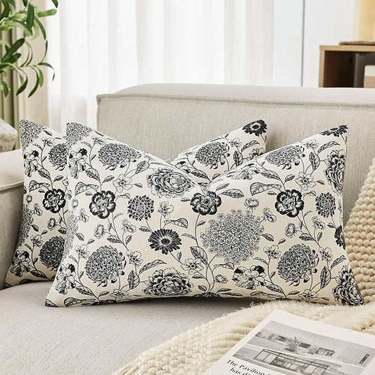 100% Cotton Botanical Lumbar Throw Pillow Covers Set of 2, 12x20 Inch Black, Farmhouse Double-Sided Floral Print Decorative Cushion Covers Pillow Cases Boho Home Decor