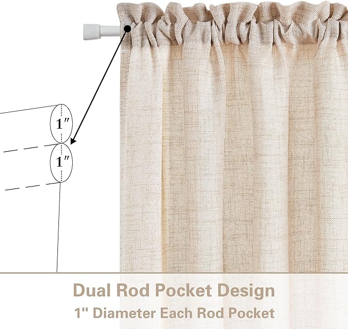 Linen Beige Sheer Curtains for Kitchen Window Bathroom French Door Curtains 2 Panels Dual Rod Pocket Semi Sheer Drapes for Glass Door with Tieback Privacy Light Filtering W25xL40
