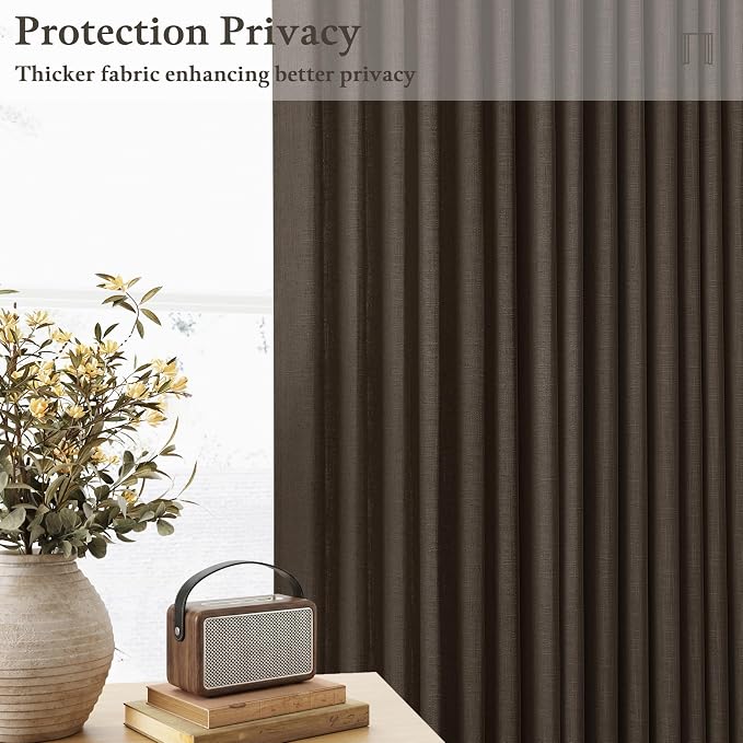 Dark Chocolate 120 Inch Pinch Pleated Linen Curtains 2 Panels Set for Living Room Bedroom Boho Farmhouse Light Filtering Semi Sheer Back Tab Pinch Pleat Hooks Rings Window Curtain 120 Inches Long