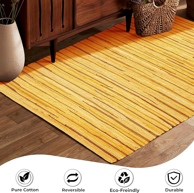 Cotton Hand Woven Chindi Rug 3x5 Feet - Mustard, Farmhouse Decorative Recycled Fibre Floor Aera Rag Rugs Ideal for Kitchen, Bedroom, Living Room | Yellow Lightweight Reversible Mat for Home Décor