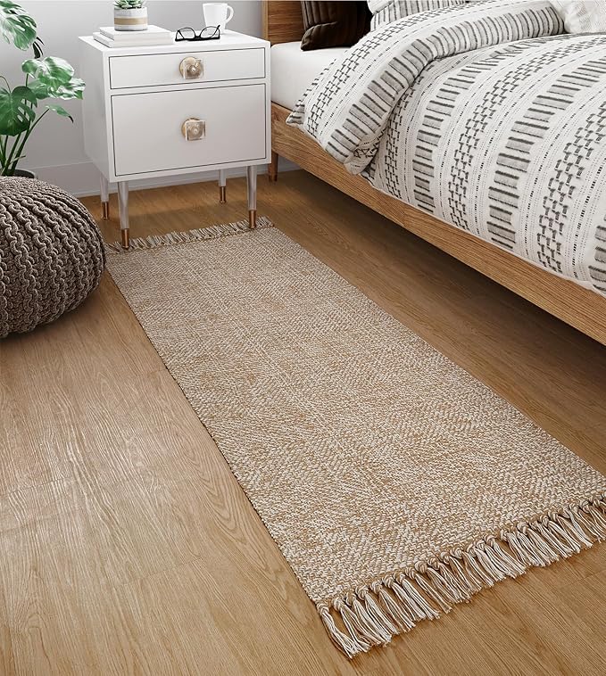 Collive Hallway Runner Rug, 2' x 5' Soft Washable Tan Contemporary Modern Laundry Room Indoor Hand-Woven Cotton Carpet for Bedroom Entryway Front Door Farmhouse Kitchen