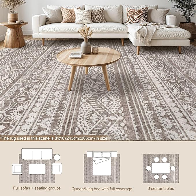 Tortania Area Rug Living Room Rugs - 8x10 Washable Large Soft Neutral Boho Moroccan Bohemian Farmhouse Rug Indoor Floor Carpet for Bedroom Under Dining Table Home Office Decor - Dark Brown
