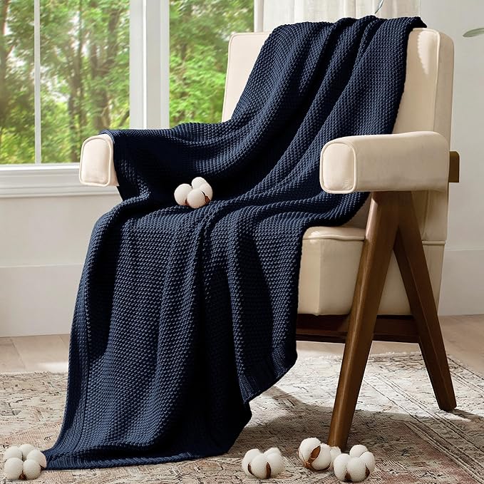 100% Cotton Cable Knit Throw Blanket, Large Lightweight Soft Knit Blanket for Sofa Couch Bed, Breathable All-Season Throw, Cozy Decorative Blanket, 60 x 80 Inch,Navy