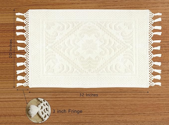 COTTON CRAFT Woven Area Rug - 2 Pack Cotton Jacquard Textured Rug - Boho Farmhouse Rustic Throw Rug with Fringe - Machine Washable Accent Mat for Bedroom Living Room Entryway Nursery - 20x32 - Ivory