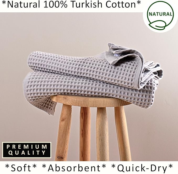 PÜSKÜL Natural 100% Turkish Cotton Waffle Bath Towels Set of 2-Piece | 32x63 inch Extra Large Absorbent Quick-Dry Lightweight Spa Towel | Luxury Sauna Accessories (Gray, Bath Towels - Pack of 2)