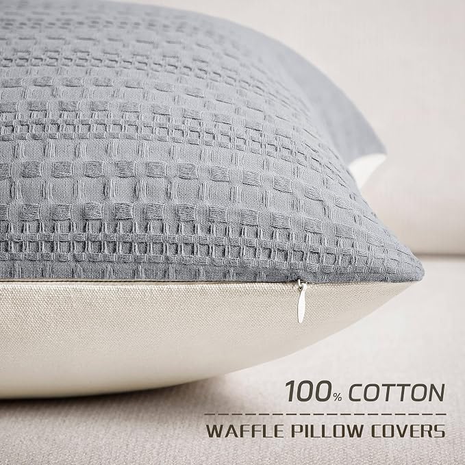ZeeMart 100% Cotton Waffle Textured Throw Pillow Covers Set of 2, 22x22 Inch Blue Ashes, Soft Farmhouse Decorative Couch Pillow Cases Dusty Blue Cushion Covers for Sofa Bed Living Room Home Decor