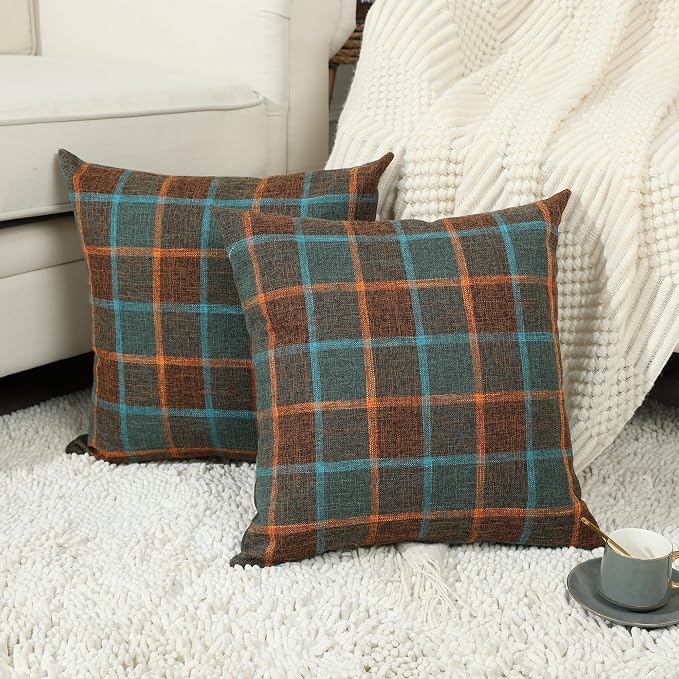 Stellhome Pack of 2 Faux Linen Buffalo Check Throw Pillow Covers, Farmhouse Plaid Decorative Cushion Covers for Couch Sofa Living Room, 22x22 Inch, Blue and Orange