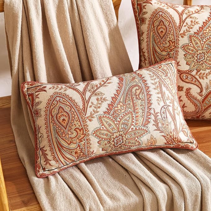 ISAENNE Design Linen Classic Vintage Throw Pillow Covers 12"x20" Pack of 2, Rectangle Cushion Covers with Orange Yellow Paisley Style Pattern Decor Pillowcases for Bed,Living Room,Outdoor,Car