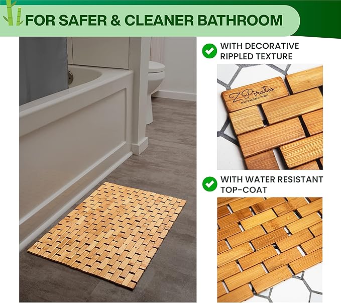Bamboo Bath Mat - Foldable Wooden Bathmat - Accessories for Bathroom Sauna Spa Tub Step and Floor - 24 x 16 x 0.4 Inches [LxWxH] - Modern Farmhouse Decor Design