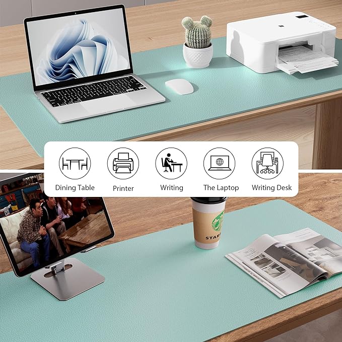 Aothia Leather Desk Pad Protector, Mouse Pad, Office Desk Mat, Non-Slip PU Leather Desk Blotter, Laptop Desk Pad, Waterproof Desk Writing Pad for Office and Home (Light Blue,31.5" x 15.7")