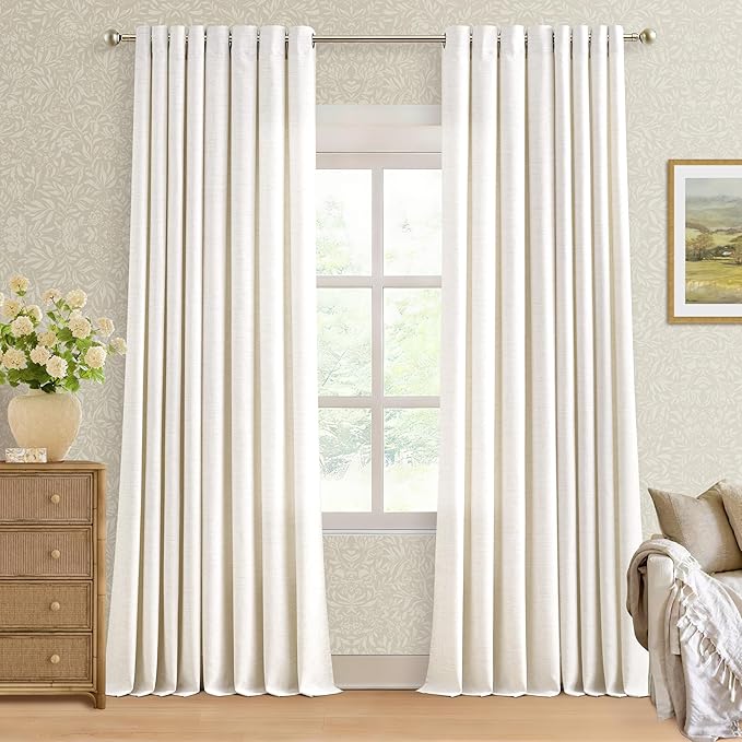 Off White Linen Curtains 96 Inch Length 2 Panels Set Ivory Cream Colored Light Filtering Semi Sheer Grommet Drapes Thick Linen Privacy Floor to Ceiling Length Curtain Living Room 8ft