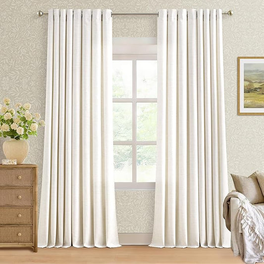 90 Inch Length 2 Panels Off White Linen Curtains Ivory Light Filtering Semi Sheer Grommet Drapes Thick Linen Privacy Boho Farmhouse Window Curtain for for Bedroom Office Sliding Door 52x90