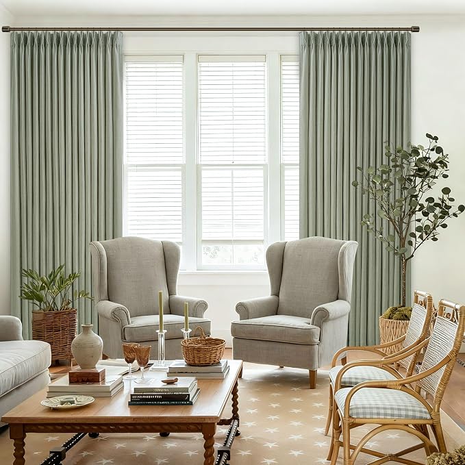 Sage Green Linen Curtains 84 Inches Long for Living Room Dining Pinch Pleated Boho Farmhouse Curtain Hooks Rings Back Tab Bedroom Window Drapes 84 Inch Length 50 Inch Width Sliding Door 2 Panels Set