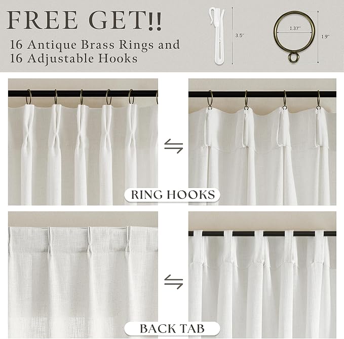 Thick Linen Semi Sheer Curtains 112 Inches Long for Living Room Bedroom Light Filtering Off White Textured Pinch Pleated Curtains 112 Length Hooks Rings Back Tab for Sliding Door 2 Panels Beige White