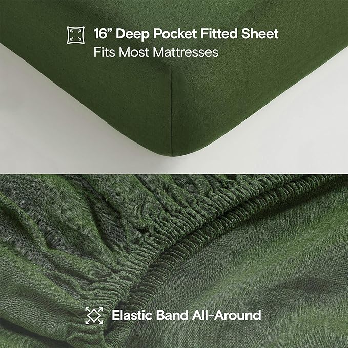 Sijo Stone Washed Organic French Linen Bed Sheet Set, GOTS Certified Organic, Best Cooling Linen Sheet Award by Sleep Foundation, 3 Piece - 2 Pillowcases and 1 Fitted Sheet (Forest, Queen)