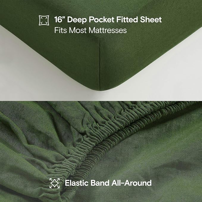 Sijo Stone Washed Organic French Linen Bed Sheet Set, GOTS Certified Organic, Best Cooling Linen Sheet Award by Sleep Foundation, 4 Piece - 2 Pillowcases, 1 Fitted and 1 Flat (Forest, Cal King)
