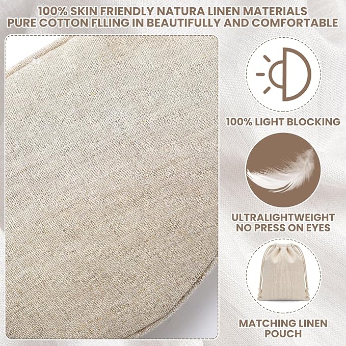 2 Pcs Pure Linen Sleep Mask with Matching Pouch Organic Cotton No Pressure Eye Cover Blackout Breathable Eye Mask with Strap for Side Sleeping Napping Business Trip Gift (Linen)