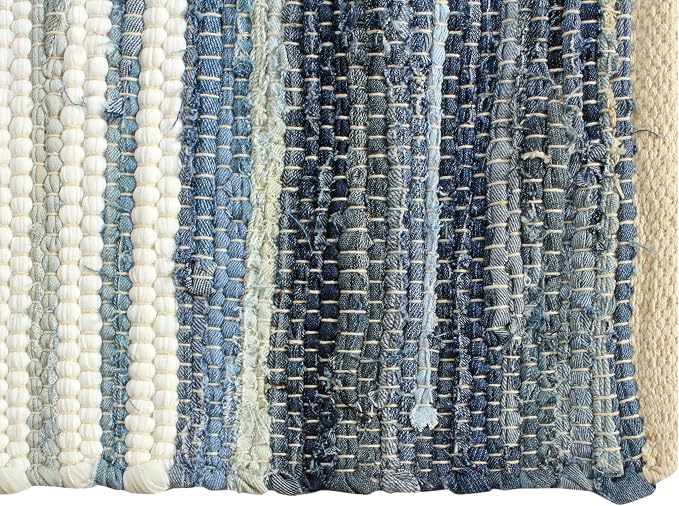 Handmade Cotton Chindi Rug Runner Area Rag Washable Recycled Denim Rugs for Home Décor, Living Room and Bedroom (Blue, 2X6 Feet)