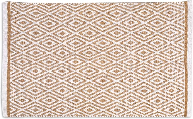 Chenille Cotton Diamond Rug 21x34 Inches - Linen, Reversible Small Soft Washable Front Door Mat Ideal for Kitchen, Entryway, Bathroom | Beige Farmhouse Boho Accent Indoor Throw Rugs for Patio