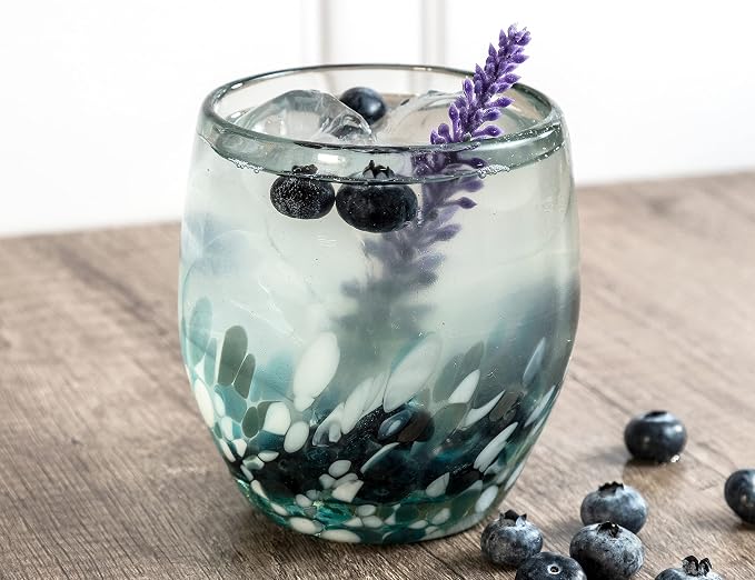 9 oz Hand Blown Mexican Drinking Glasses - Set of 6, 9 fl oz each, Ocean Blue Confetti