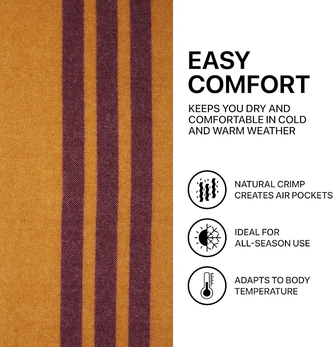 New Zealand Virgin Wool Throw Blanket, Indoor & Outdoor Blankets and Throws, Striped Soft Blanket with Fringes, 55 x 79 in (140 x 200 cm), Mustard Red