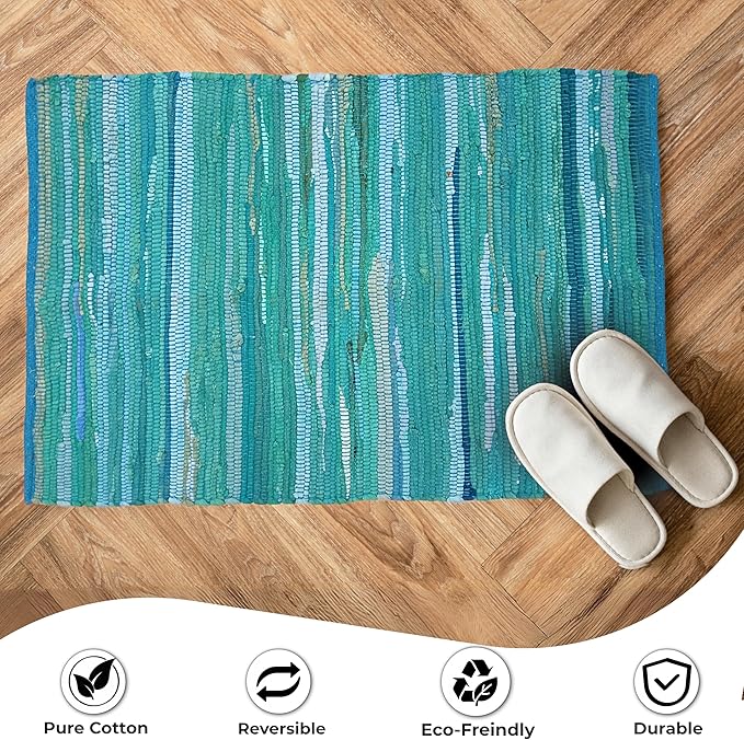 Ramanta Home Hand Woven 100% Cotton Chindi Rag Rug 2'x3' - Teal, Recycled Reversible Rug, Boho Farmhouse Rugs for Living Room, Dinning Room, Kitchen, Entryway, Bedroom Rugs - 24"x36"