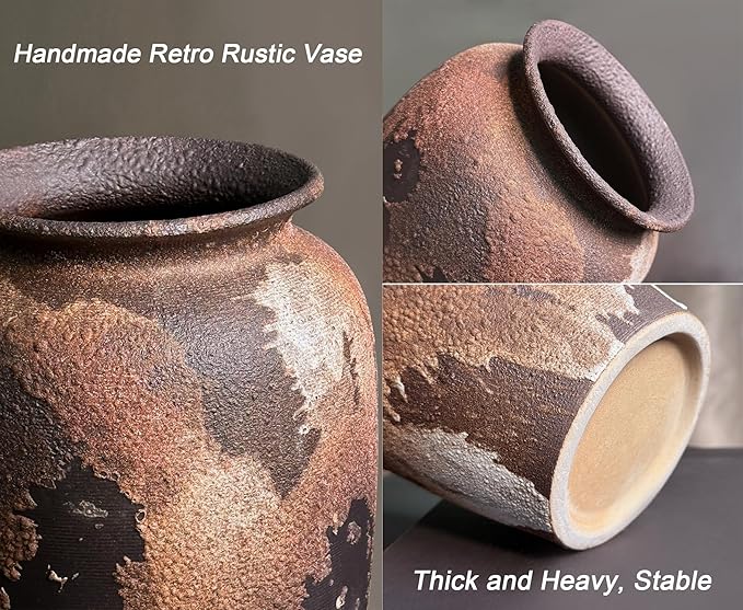 GeLive Large Rustic Ceramic Vase, 12 Inch Textured Distressed Brown Pottery, Handmade Wabi Sabi Boho Farmhouse Vase for Pampas Grass, Fresh & Dried Flowers, Living Room, Entryway, Table Centerpieces