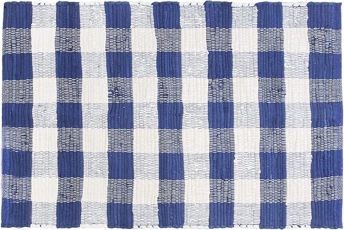 GLAMBURG Cotton Buffalo Check Plaid Washable, Handwoven Checkered Welcome Door Mat 18x30 for Kitchen Bathroom Outdoor Porch Laundry Living Room, Farmhouse Reversible Rag Rug Blue White