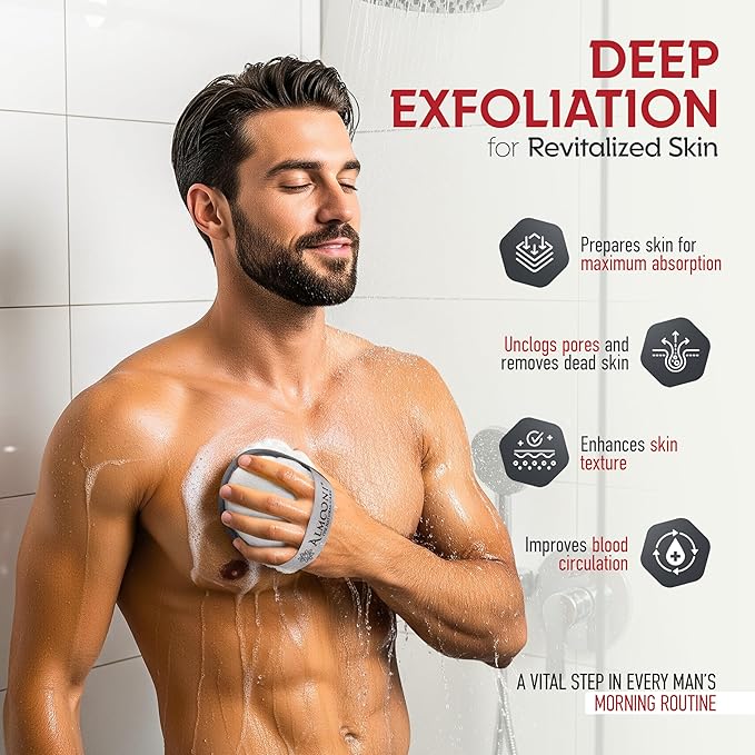 Almooni Natural Exfoliating Loofah for Men, Lightly Abrasive Egyptian Loofah Body Scrubber for Men, Dual-Sided with Cotton Back, Hand Strap, Gray, 2-Count