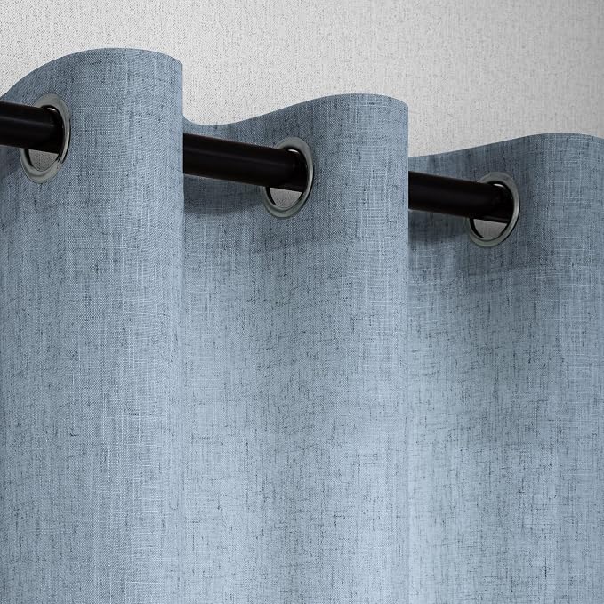 Pitalk Light Blue Linen Curtains 90 Inches Long for Bedroom 2 Panel Grommet Lightweight Drape Semi Sheer Cotton Textured Stone Blue Grey Curtain for Living Room Country Farmhouse Decor 52x90 Gray Blue