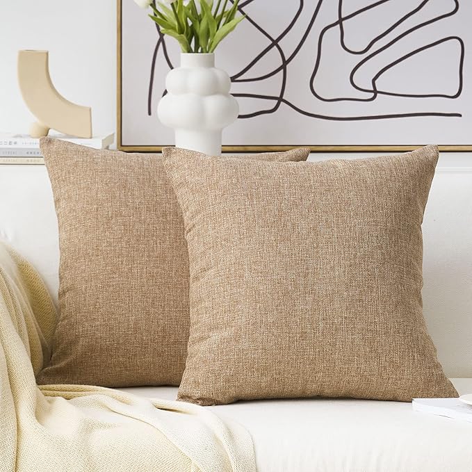 Home Brilliant 2 Pack Burlap Linen European Pillowcases Pillow Sham Large Cushion Covers for Sofa, 24x24 inches(60cm), Natural Linen