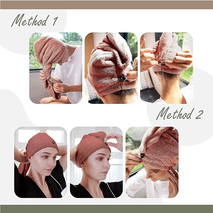 myHomeBody Hair Towel Wrap, Quick Drying Turban, Absorbent Cap – Cinnamon | Hair Turban Towel for wet hair, Ultra Soft Charcoal Fiber Cap, Towel Head Wrap for bathing with Coconut Shell Button