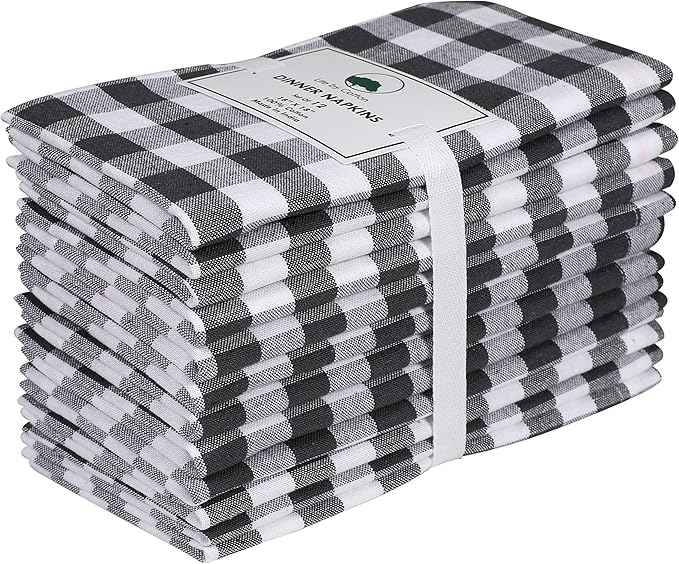 Cotton Dinner Napkins Set of 12 – 18"x18" Gingham Plaid Check, 100% Cotton, Washable Fabric Napkins with Mitered Corners & Generous Hem – Wedding & Cocktail Napkins