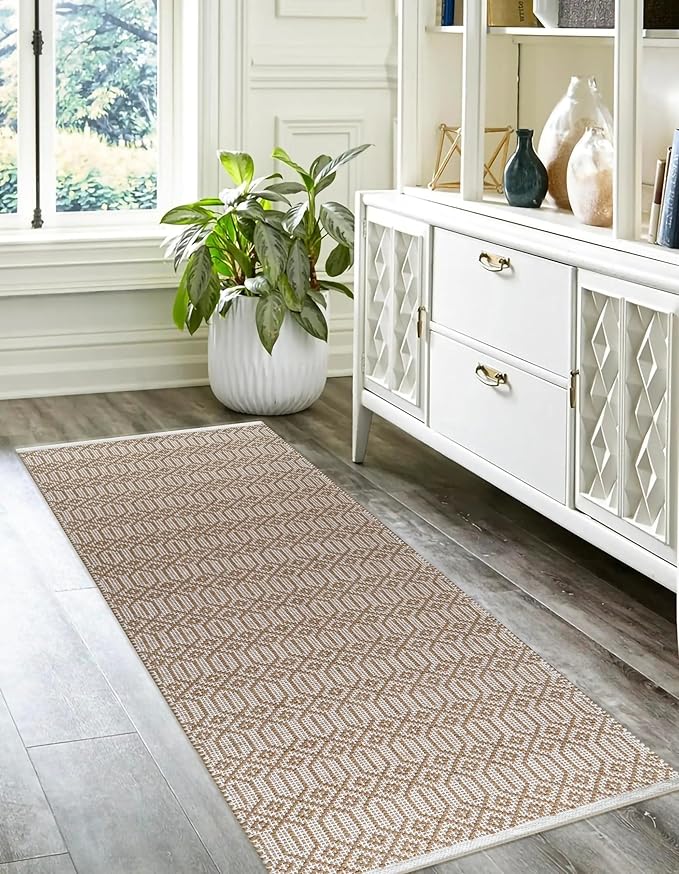 Cotton Diamond Hand Woven Area Runner Rug 2x6 Feet - Beige, Non Slip Farmhouse Indoor Decorative Patio Runner Ideal for Hallways, Kitchen, Nursery | Washable Decorative Floor Mat for Bedroom