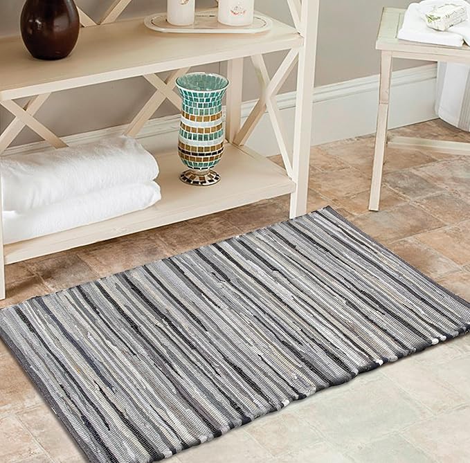 Cotton Hand Woven Chindi Rug 2x3 Feet - Charcoal, Farmhouse Stripe Reversible Throw Indoor Decorative Carpet Ideal for Entryway, Kitchen, Kids Space | Grey Small Area Floor Rag Rugs for Patio