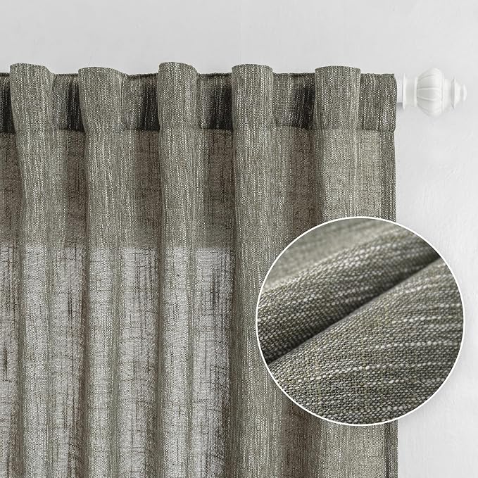 MYSKY HOME Living Room Curtains 84 Inches Long Semi Sheer Light Filtering Privacy Drapes Linen Look Textured Boho Home Decor, Backdrop Curtain for Parties, 50" x 84", Olive Green, 2 Panels