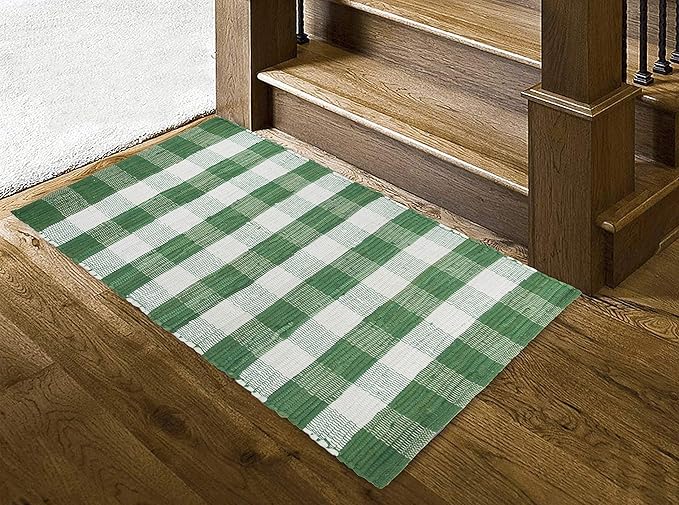 GLAMBURG Cotton Buffalo Check Plaid Washable Handwoven Checkered Welcome Door Mat 18x30 for Kitchen Bathroom Outdoor Porch Laundry Living Room, Farmhouse Reversible Rag Rug Green White