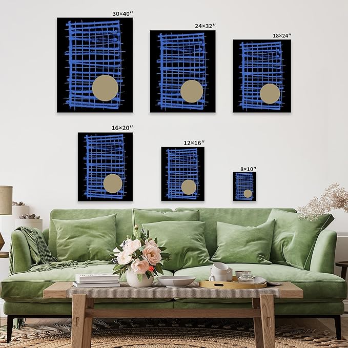 Monem Art Blue Grid Abstract Geometric Print - Modern Minimalist Art Poster - Wall Decor for Living Room, Bedroom or Office - 12x16 Brown Framed CANVAS Wall Art by Mareike Bohmer