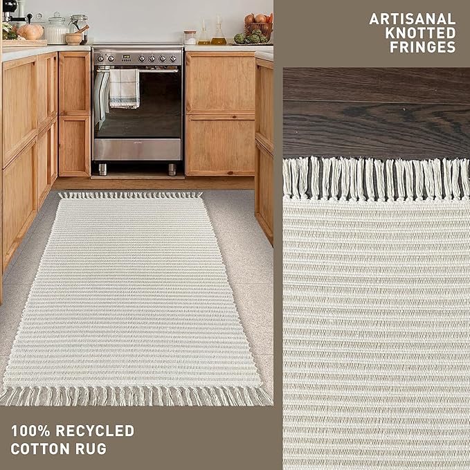 Chardin Home Beige & Ivory Providence Throw - 2x6 Feet | Hand Woven Farmhouse | Great in Kitchens, Entryways, Bathrooms & Meditation | Machine Washable & Reversible Cotton