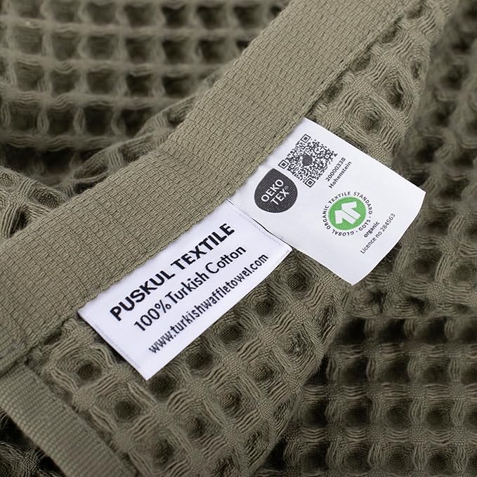 PÜSKÜL Pack of 2 Waffle Bath & Spa Towels - Premium 100% Turkish Organic Cotton - Quick Dry Thin Bath Towel for Bathroom - Made in Turkey (Khaki Green, 32x63 inch)