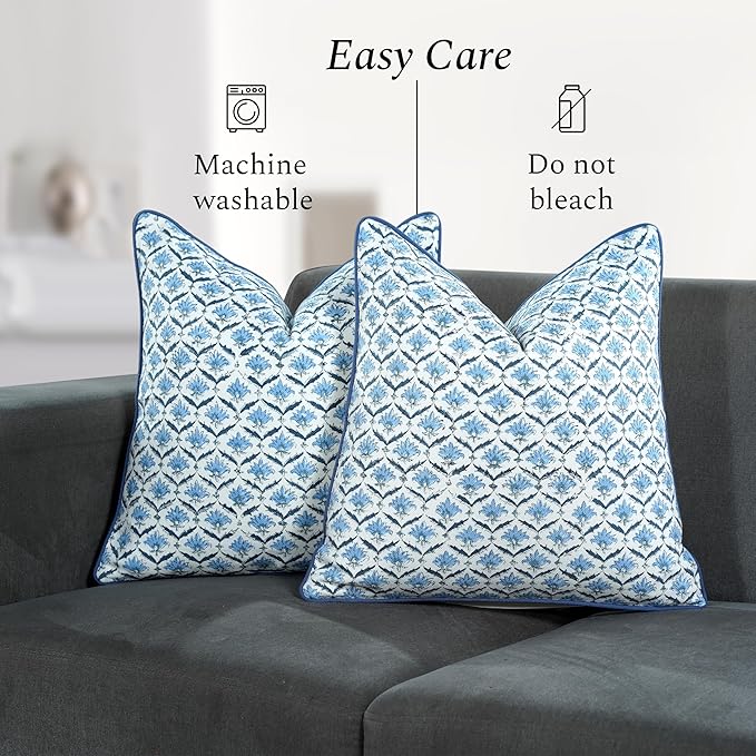 CPC Jeans Blue Block Print Throw Cushion Cover 18 x 18 Inch Set 2 - Decorative Boho Floral Pillow Case for Living Room, Bed, Sofa, Couch, Home Decor Cushion Cover Gift for Spring, Mother's Day