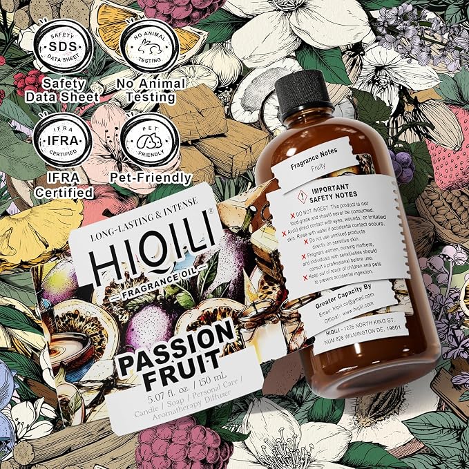 HIQILI Passion Fruit Fragrance Oil for Candle, Soap Making & Diffuser | for Home Aromatherapy, Oil Burner, Great for Body Scrubs Making, Add to Body Lotion - 5.07 FL Oz / 150ML