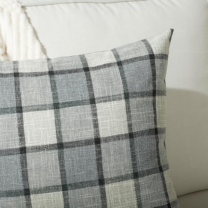 Stellhome Pack of 2 Faux Linen Buffalo Check Throw Pillow Covers, Farmhouse Plaid Decorative Cushion Covers for Couch Sofa Living Room, 24x24 Inch, Light Grey